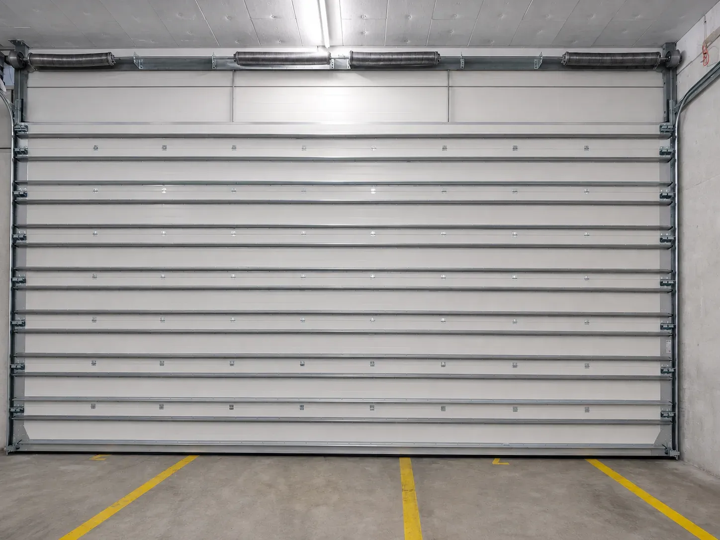 Technische Innenansicht des grossformatigen Sektionaltors mit Verstärkungsprofilen und Torsionsfedern in Effretikon