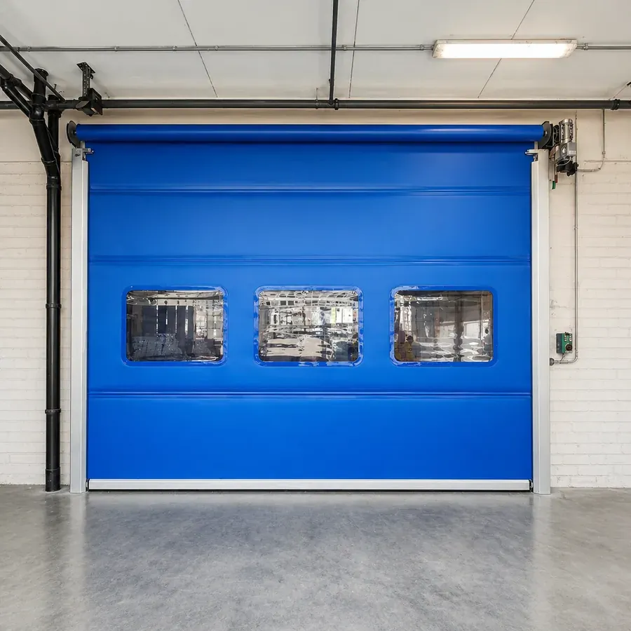 Blaues Schnelllauftor mit Sichtfenstern in einer Industriehalle